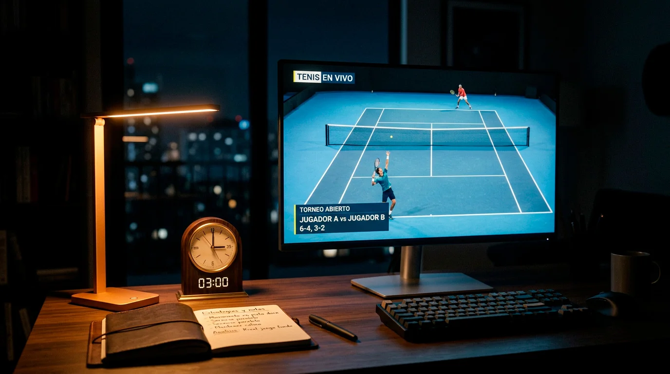 Escritorio nocturno con pantalla de ordenador mostrando un partido de tenis y un reloj marcando las tres de la madrugada