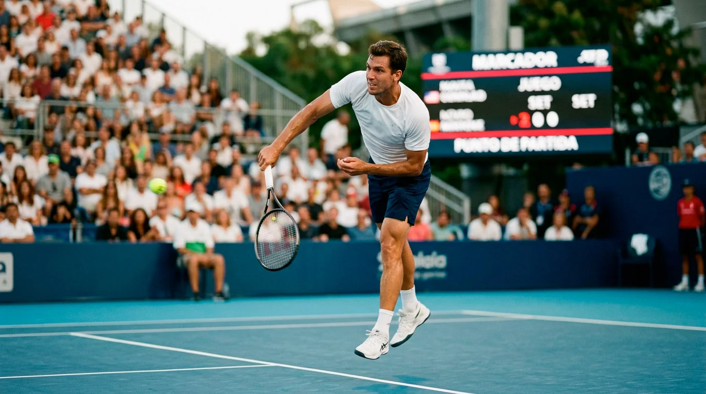 Tenista profesional ejecutando un saque potente sobre pista dura azul en el Open de Australia