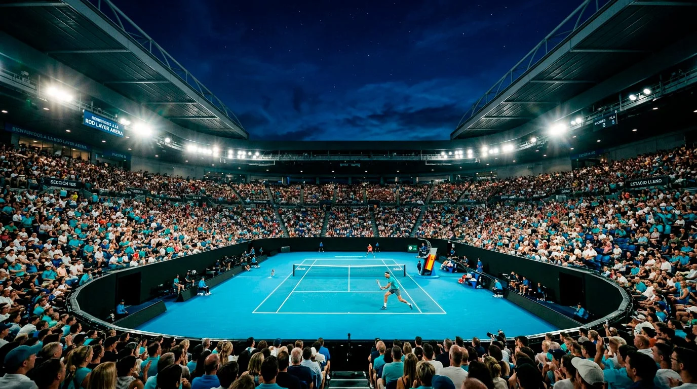 Melbourne Park durante el Open de Australia 2026 con la Rod Laver Arena iluminada para la sesión nocturna