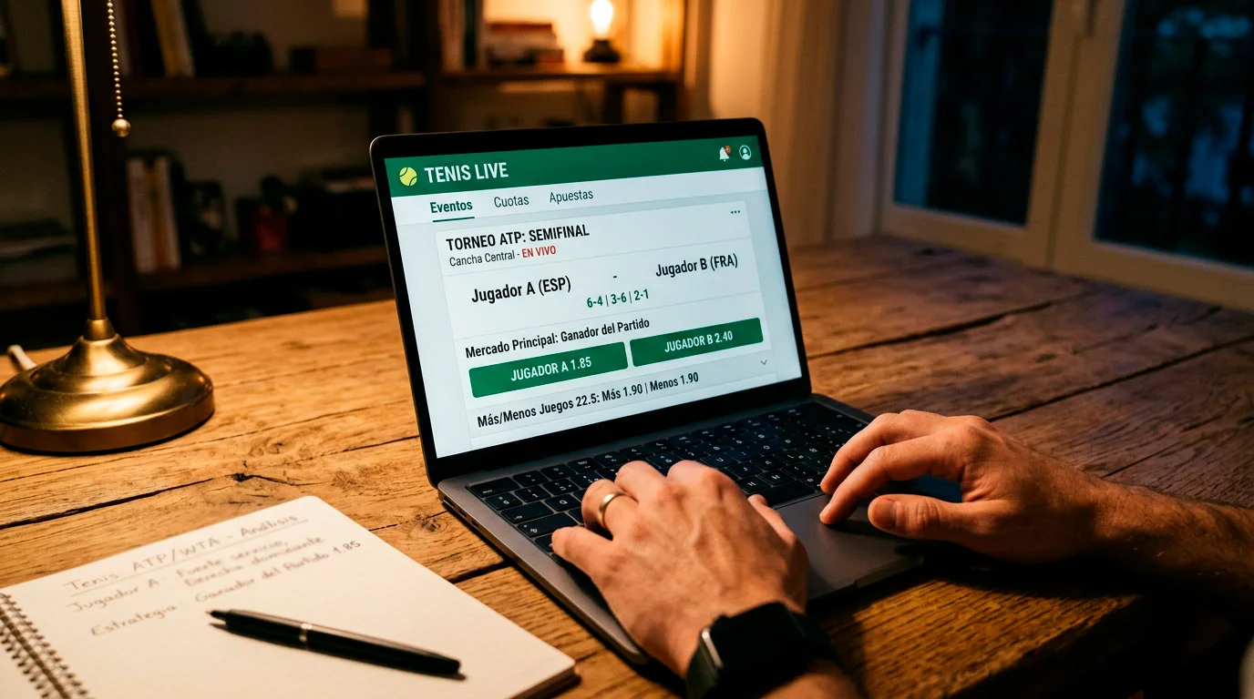Pantalla de operador de apuestas mostrando mercados de tenis con cuotas decimales durante un partido