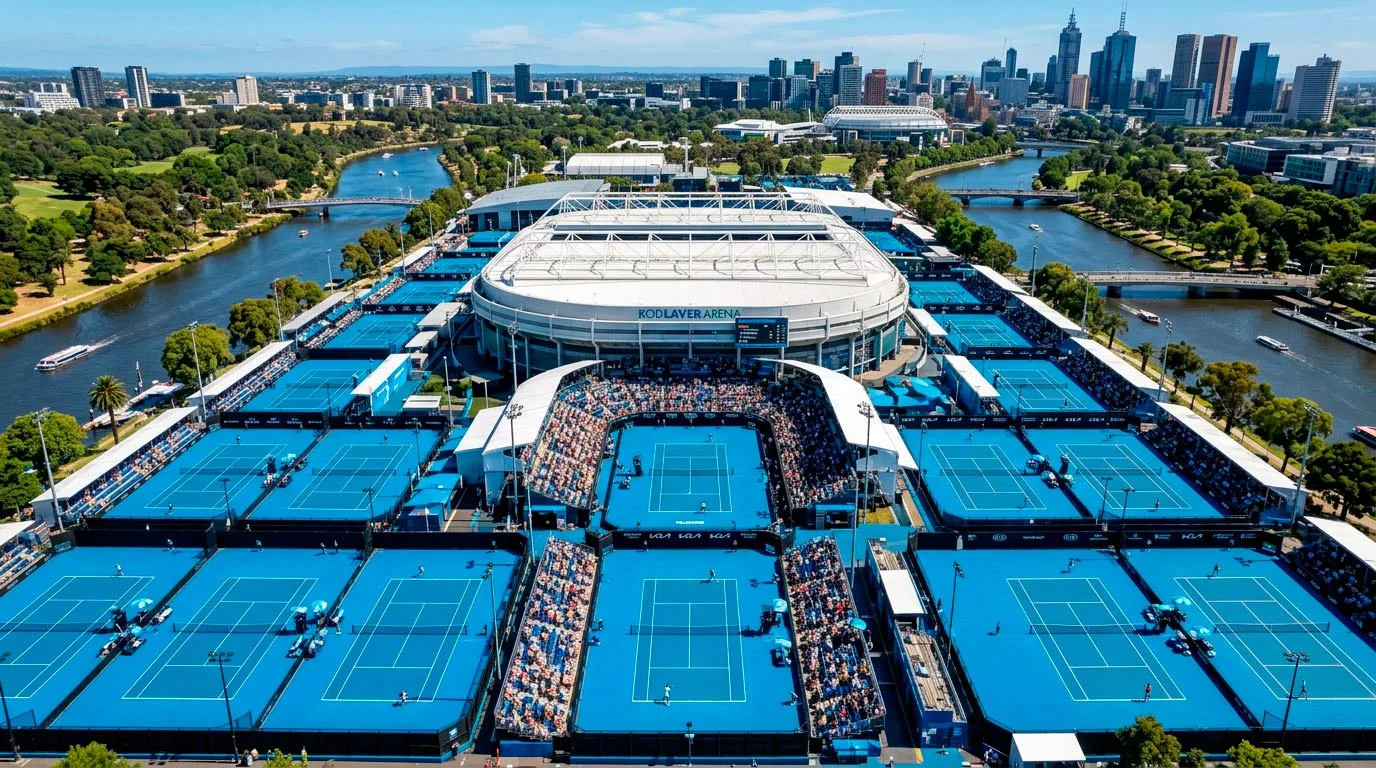 Vista aérea de Melbourne Park con las pistas del Open de Australia durante un partido diurno
